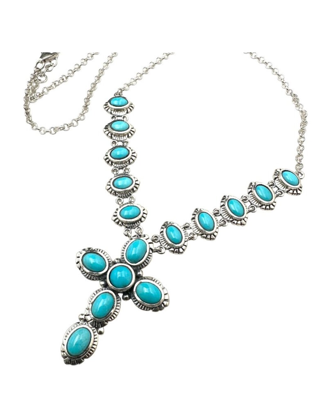 Sleeping Beauty Turquoise Sterling Silver Necklace Cross Pendant 18 Inch